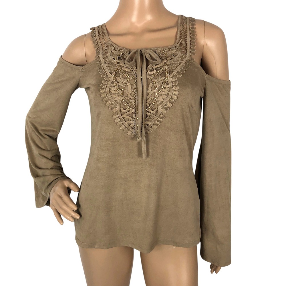 Venus Y2K Embroidered Crochet Lace Beaded Velvet Top Size S Boho Western Cowgirl